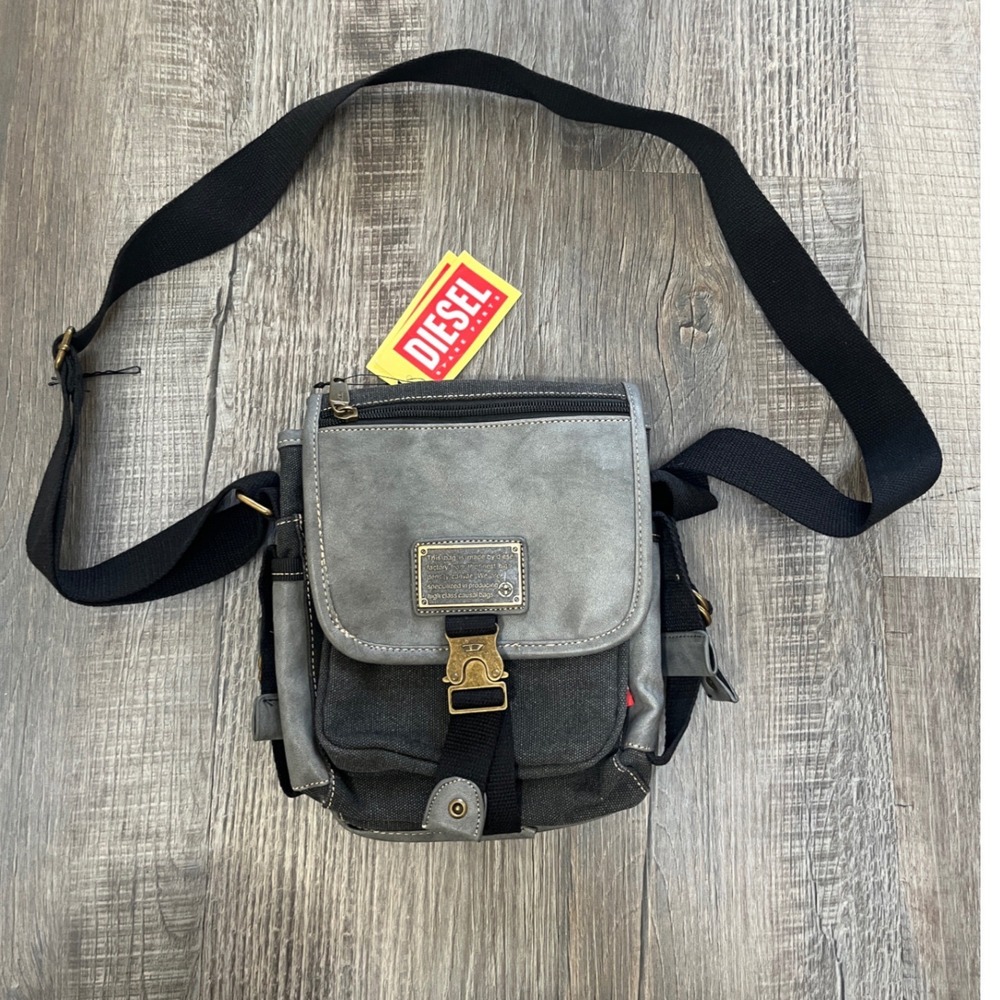 Diesel Spare Parts Canvas Crossbody Messenger Bag Grey Black Utility Buckle NWT